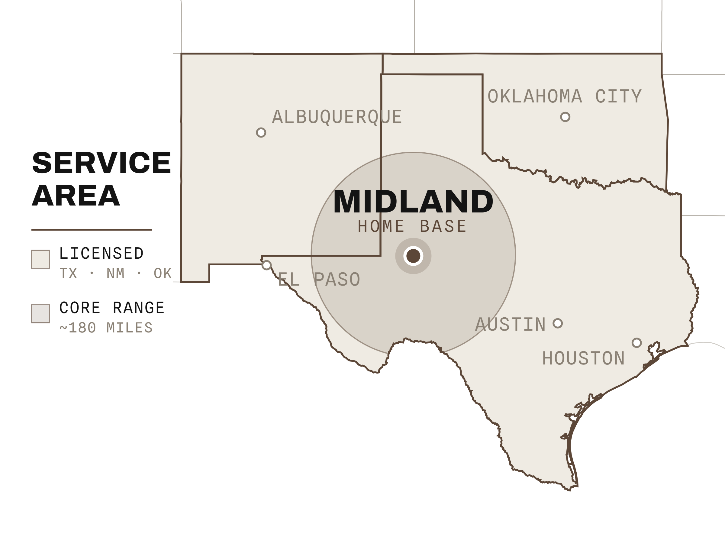 Service area map: licensed in Texas, New Mexico and Oklahoma